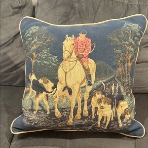 Vtg Equestrian Fox Hunting Horse Hounds Tapestry Throw Pillow